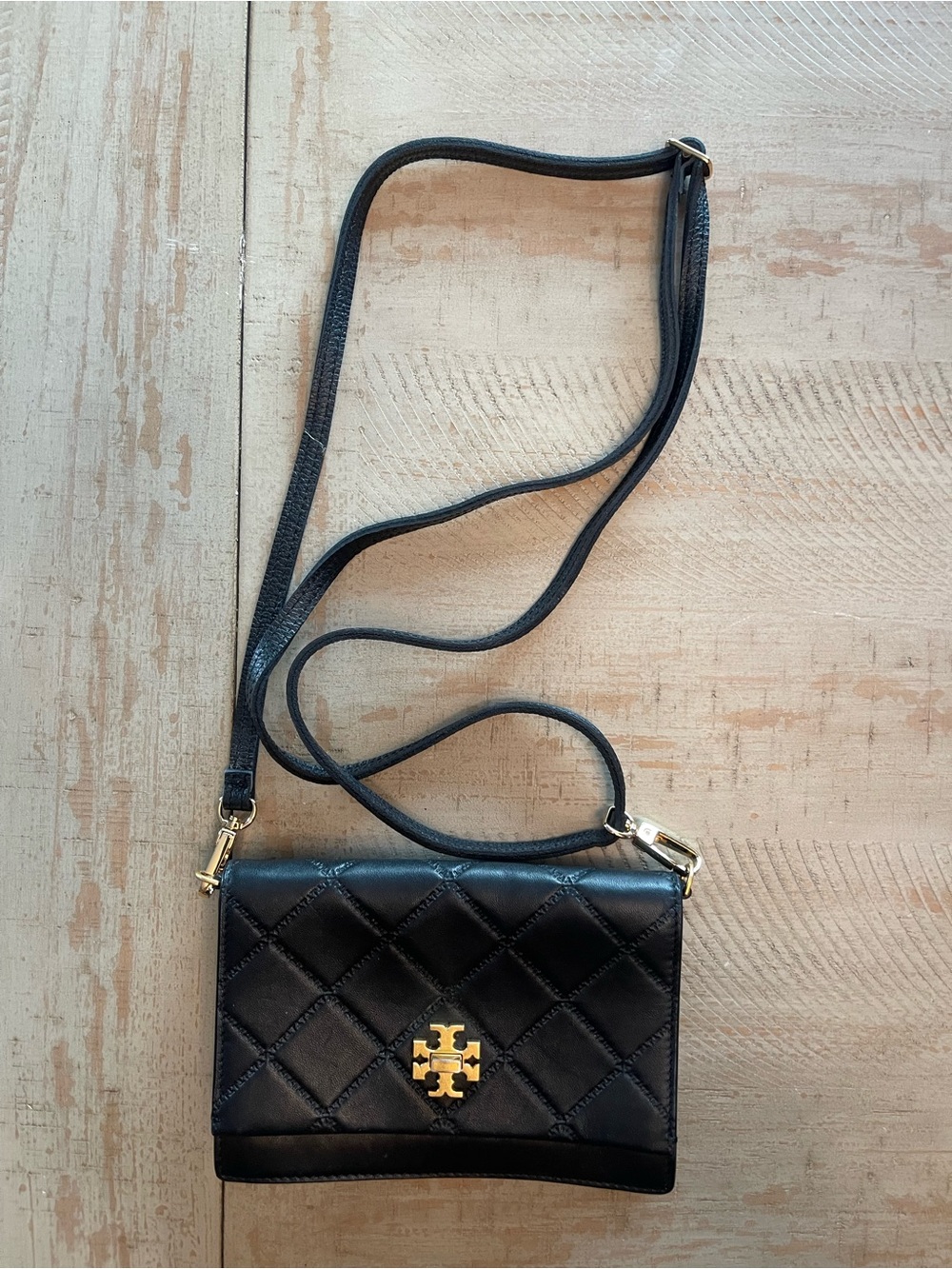 Tory Burch Black Quilted Leather Crossbody with Gold Logo